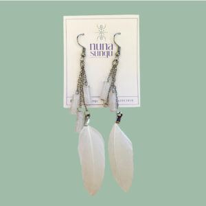 Aretes con plumas blancas y cuarzo